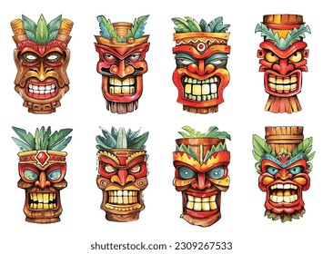 Tiki masc ilustration watercolor paint collection