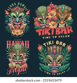 Tiki mascots set posters colorful for beach bar corporate identity or summer party with exotic paraphernalia vector illustration