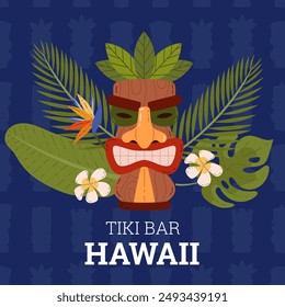 Tiki mask banner with text Tiki Bar Hawaii. Blue background with simple silhouettes of deities. Golden nose, teeth. Palm and banana leaves, white plumeria, strelitzia flowers. Vector illustration.