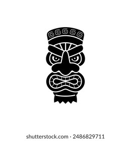 Tiki mask black line art style vector icon. Tribal wooden carved totem. Ethnic Tiki idol scary face with toothy mouth and big eyes. Cartoon ancient Hawaiian or Polynesian culture attribute isolated