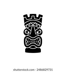 Tiki mask black line art style icon. Tribal wooden carved totem. Ethnic Tiki idol scary face with toothy mouth and big eyes. Vector cartoon ancient Hawaiian or Polynesian culture attribute isolated