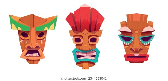 Tiki mask cartoon vector illustration set. Collection of brightly decorated colored wooden face elements of Hawaiian ethnic tribal peoples. Totem traditional decorative cultural statues of aborigines.