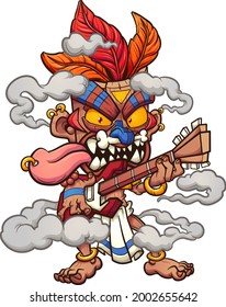 Tiki mask character playing the electric guitar. Vector clip art illustration with simple gradients. All on a single layer
