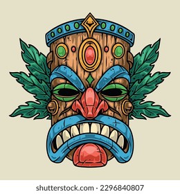 Tiki mask colorful detailed emblem with wooden tatem evil exotic god for hawaiian party advertising vector illustration