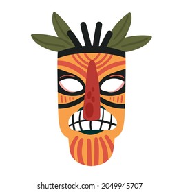 Tiki mask, colorful ethnic scary totem for traditional tribe ceremony vector illustration. Cartoon tribal god face in wooden mask with tattoo isolated on white