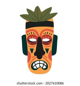 Tiki mask, colorful ethnic totem vector illustration. Cartoon mask template, ancient wooden tropical tribal face of tiki god for ceremony in tribe isolated on white