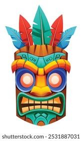 Tiki mask with colorful feathers and traditional designs. Vector cartoon illustration