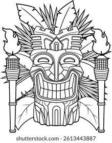 Tiki Mask Coloring Page With Jungle Leaves And Fire Torches - Vector Hand Drawn Illustration Isolated On Transparent Background