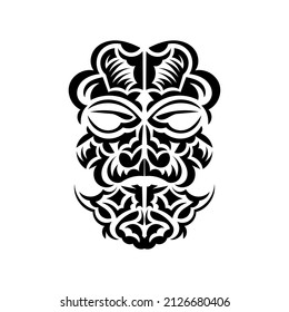 Tiki mask design. Frightening masks in the local ornament of Polynesia. Isolated on white background. Tattoo sketch. Vector.