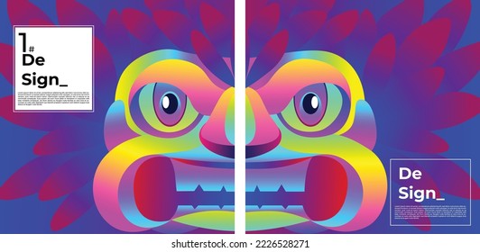 Tiki mask design with geometric shapes and color gradients. Tiki mask background template with Dummy Text for Web Design, Landing Pages, posters and Printables