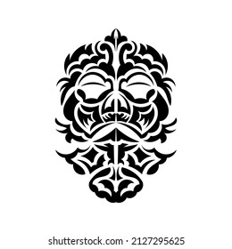 Tiki mask design. Native Polynesians and Hawaiians tiki illustration in black and white. Isolated on white background. Tattoo sketch. Vector illustration.