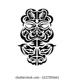 Tiki mask design. Native Polynesians and Hawaiians tiki illustration in black and white. Isolated on white background. Ready tattoo template. Vector.