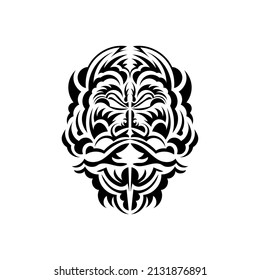 Tiki Maskendesign. Indische Polynesier und Hawaiians-Ttiki-Illustration in Schwarz-Weiß. Einzeln auf weißem Hintergrund. Flacher Stil. Vektorgrafik.