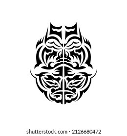 Tiki mask design. Traditional decor pattern from Polynesia and Hawaii. Isolated on white background. Ready tattoo template. Vector.