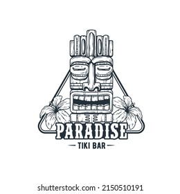 Tiki mask with flowers for tropical paradise. Exotic summer hawaii print for surfing or beach tiki bar