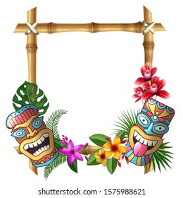 Tiki mask and frame. Hawaii authentic background bamboo square sticks exotic flowers and plants wooden totem vector cultural object