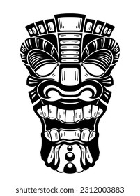 Tiki mask for hawaii surfing bar. Traditional ethnic idol set of maori or polynesian. Tribal totem