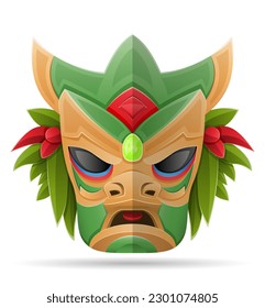 tiki mask hawaiian ancient tropical totem head face idol made of wood vector illustration isolated on white background