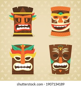 tiki mask icon set over yellow background, colorful design, vector illustration