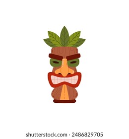 Tiki mask icon. Tribal wooden carved totem. Tiki idol scary face with toothy mouth, decorated with leaves. Cartoon Hawaiian or Polynesian attribute ancient culture vector flat illustration isolated