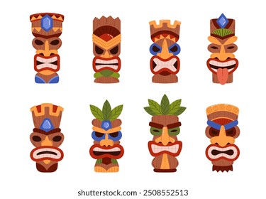 Ícones de máscara Tiki definidos. Tribal de madeira esculpida totem. Tiki idol rosto assustador com boca dentada, decorado com folhas. Desenhos animados da antiga cultura havaiana ou polinésia. Ilustração plana de vetor isolada