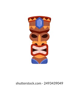 Máscara Tiki aislada sobre fondo blanco. Una estatua con brillantes Elementos decorativos y dorados, dientes Grandes, piedras preciosas. Deidad de madera en Polinesia. Elemento cultural tradicional. Ilustración vectorial.