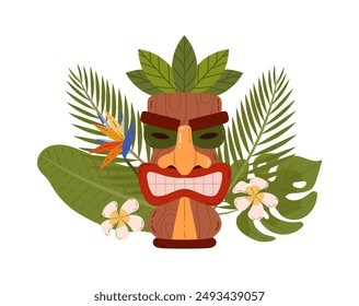 Máscara Tiki aislada sobre fondo blanco. Estatua con nariz dorada, labios rojos, dientes, decorada con hojas en la parte superior. Enormes hojas de palma, plumeria blanca, flores de strelitzia. Deidad de madera. Ilustración vectorial.