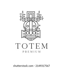 Tiki mask Logo drawing isolated on white background. hawaiian and polynesian culture totem heads