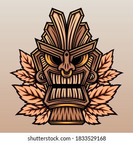 Tiki mask with maple leaf. Premium vector