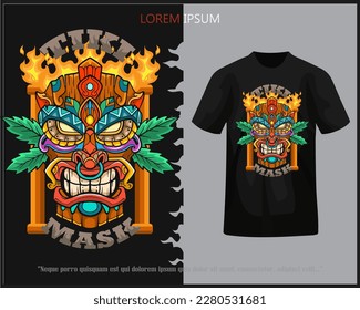 Tiki mask mascot isolated on black t-shirt.