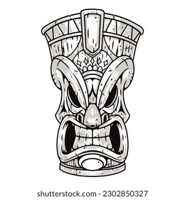 Tiki mask monochrome label with evil face of ancient polynesian spirit for mexican style fashion design vector illustration