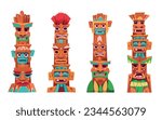 Tiki mask pole totem tribal vector cartoon icon set. African luau face wood sign for tropical beach island party decoration. Mexican ceremonial isolated warrior smile head statue design collection