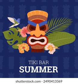 Tiki mask poster. Bright flat vector illustration of a tribal wooden totem with tropical leaves and flowers. Decorative item in Polynesian style for themed events.