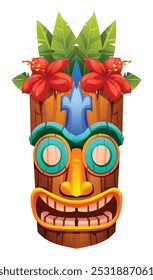 Tiki máscara com flores vermelhas hibiscus e folhas tropicais. Ilustração de desenho animado vetorial