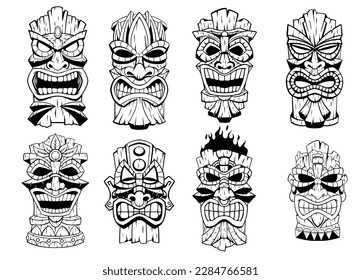 Tiki Mask Set Collection in Black and White hand drawn