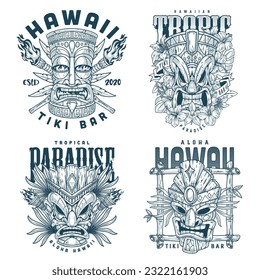 Tiki mask set flyers monochrome with torches and plant leaves for bars and tropical resorts with cool parties vector illustration