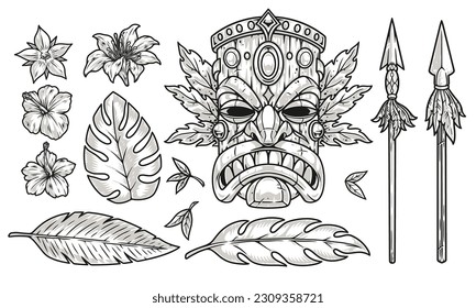 Tiki mask set sticker monochrome with petals and flower buds near ethnic ancient totem and spear vector illustration