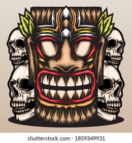 Tiki mask with skull. Premium vector