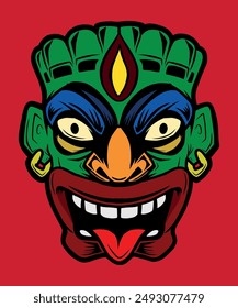 The tiki mask sticks out its tongue