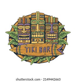 Tiki mask with surf and tropical leavs for tiki bar. Exotic hawaii masks and surfboard for summer surfing or tropic beach