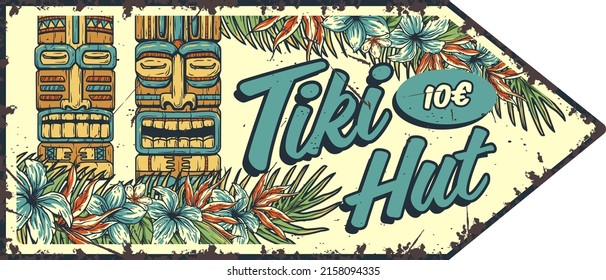 Tiki mask surfing summer bar poster. Tropical leaves, hawaiian vibes