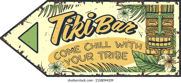 Tiki mask surfing summer bar poster. Tropical leaves, hawaiian vibes