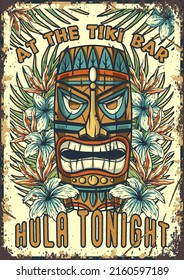 Tiki mask surfing summer bar poster. Tropical leaves, hawaiian vibes