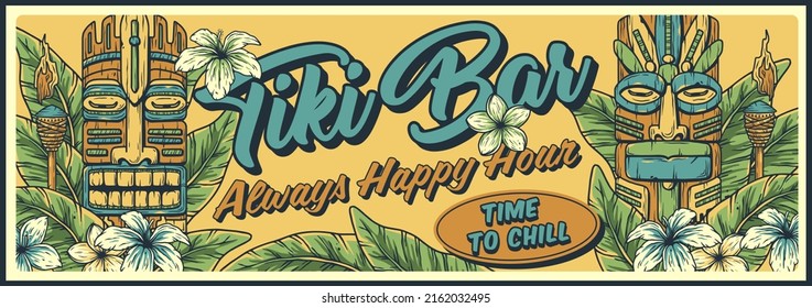 Tiki mask surfing summer bar poster. Tropical leaves, hawaiian vibes