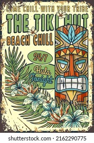 Tiki mask surfing summer bar poster. Tropical leaves, hawaiian vibes