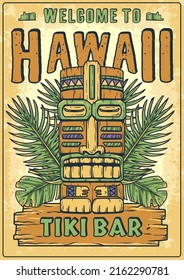 Tiki mask surfing summer bar poster. Tropical leaves, hawaiian vibes