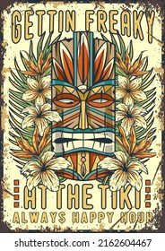 Tiki mask surfing summer bar poster. Tropical leaves, hawaiian vibes