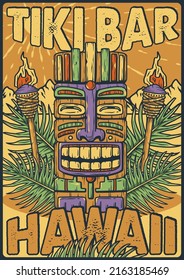 Tiki Maske Surfen Sommerbar Poster. Tropische Blätter, hawaiianische Vibes