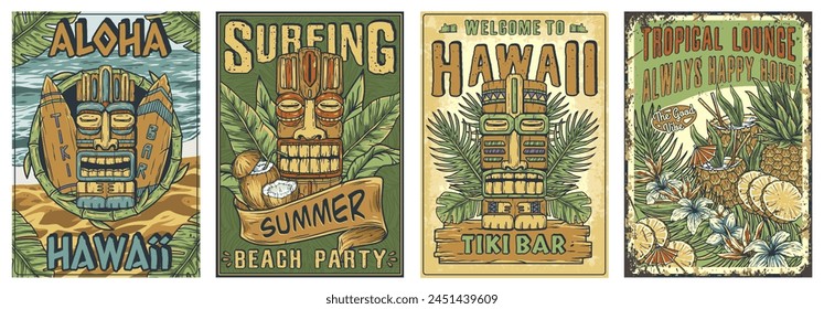 Tiki mask surfing summer bar poster set. Tropical leaves, hawaiian vibes. Hawaii wooden tiki mask collection. Traditional ethnic idol of maori or polynesian. Old tribal totem for tiki bar.