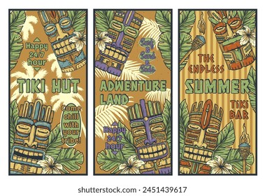 Tiki mask surfing summer bar poster set. Tropical leaves, hawaiian vibes. Hawaii wooden tiki mask collection. Traditional ethnic idol of maori or polynesian. Old tribal totem for tiki bar.